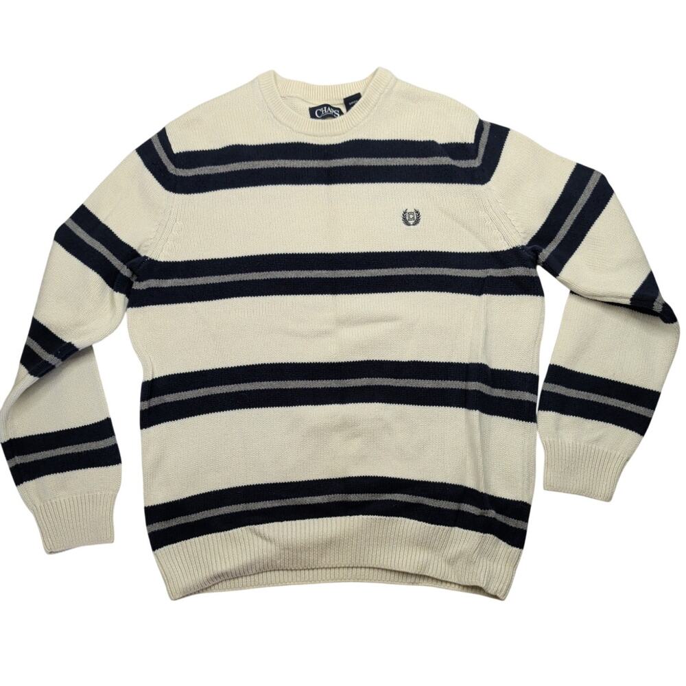 Chaps Men's Small Pullover Sweater Striped White Blue Gray Crewneck Pullover